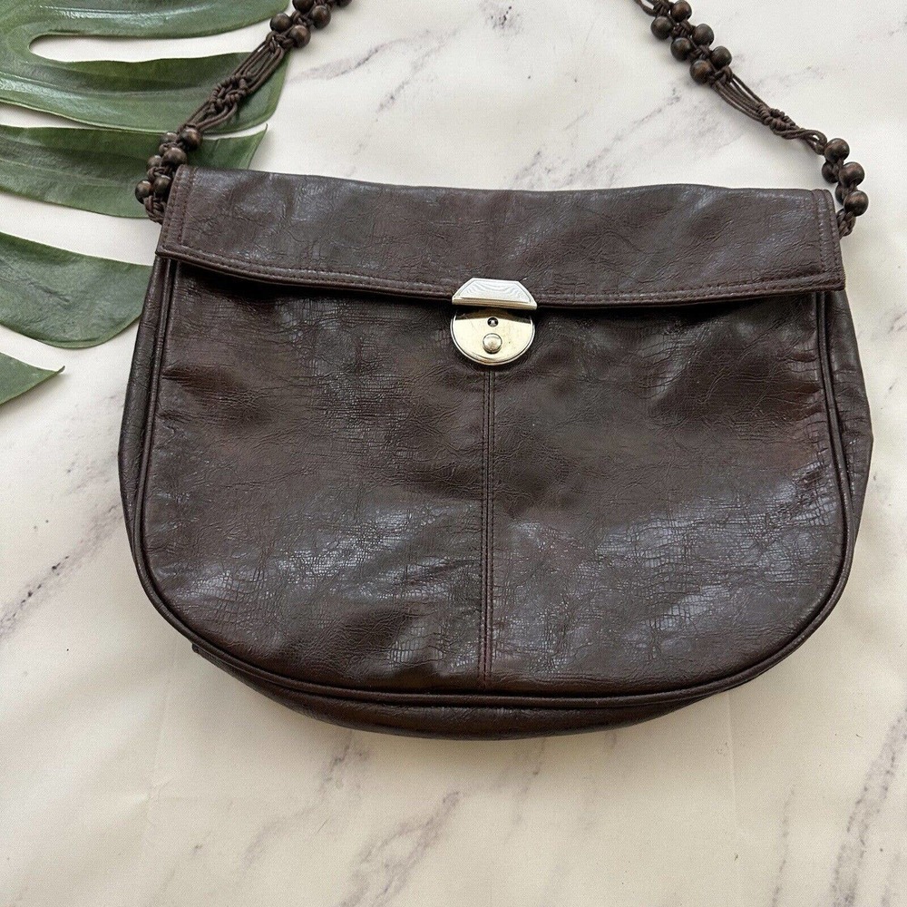 Lulu Townsend Vintage Y2k Shoulder Bag Purse Brown Leather Crochet Beaded Strap - Picture 3 of 7